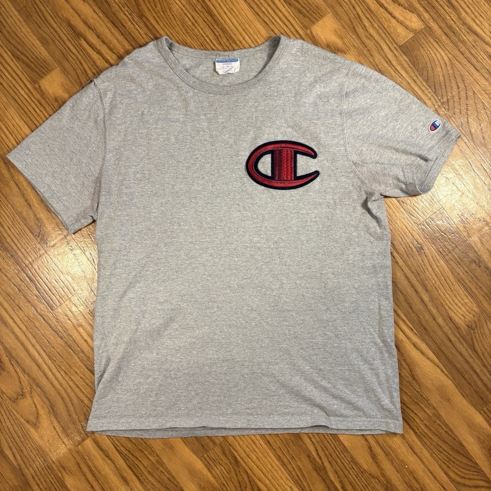 Champion Big C Embroidered Logo T Shirt Gray Heather Men's Large Y2K